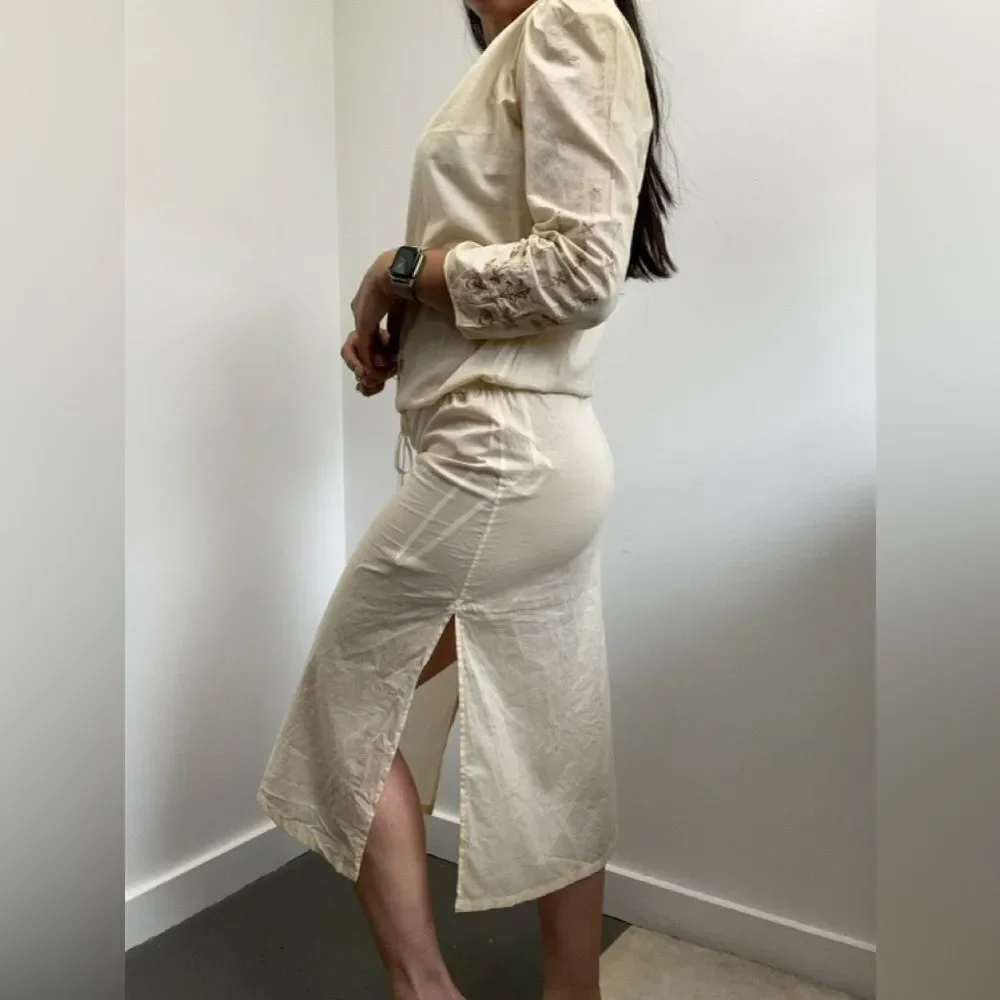 Vintage 90’s Express Beige Boho Embroidered Cotton Midi Long Sleeve Dress XS